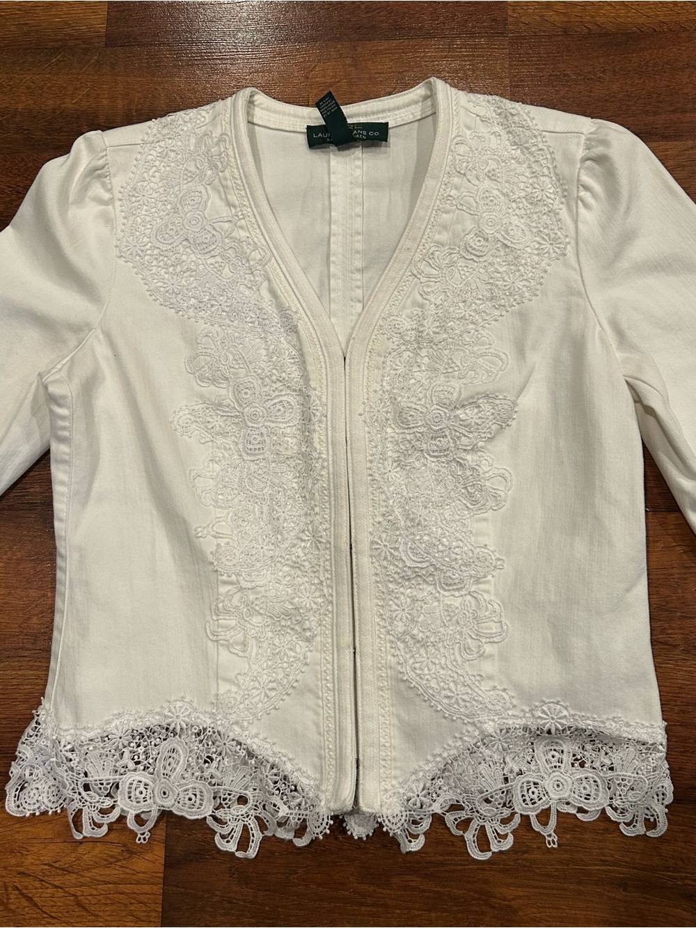 Lauren Ralph Lauren White Denim Jacket with Lace Trim Size Large LRL